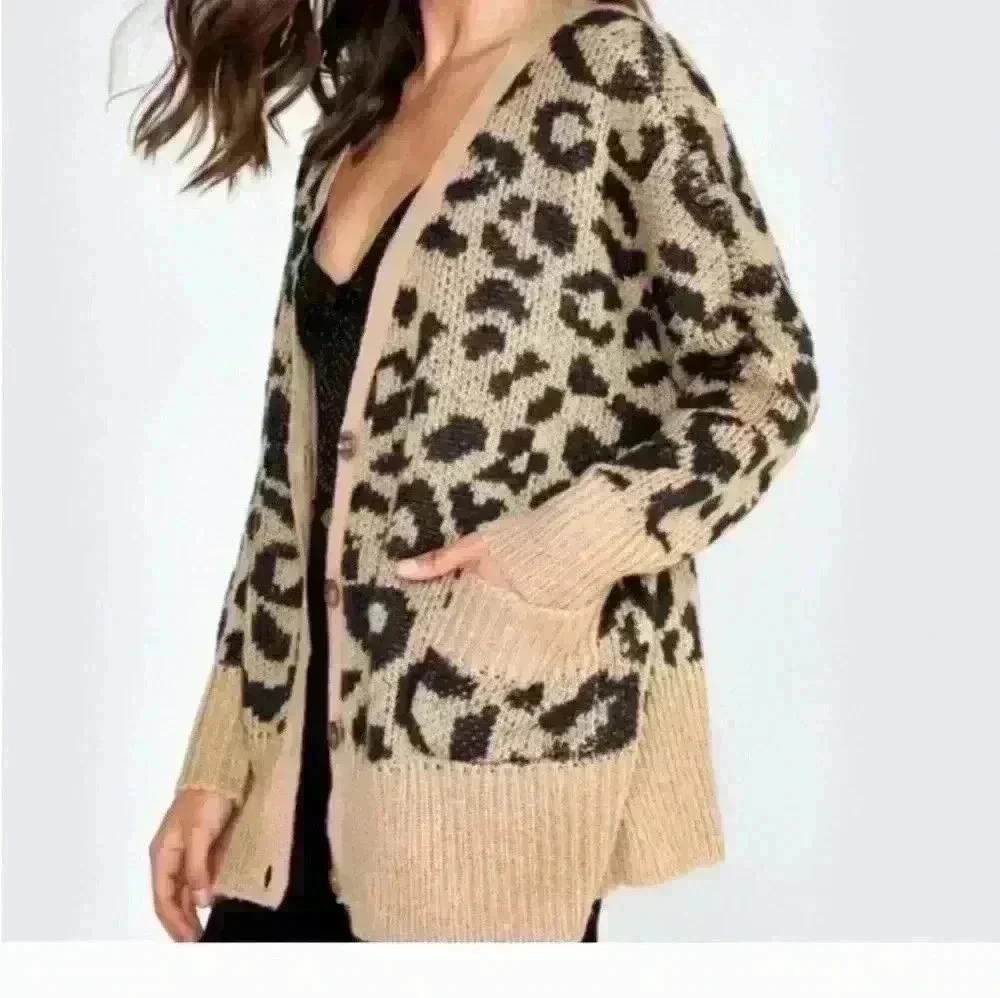 Wildfox Womens Tan Roar Tilly Leopard Print Slouchy Soft Cardigan Sweater S